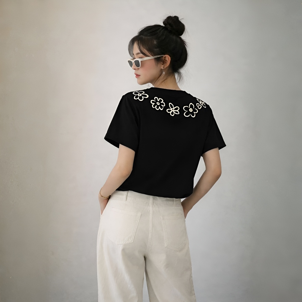 Áo Thun Hoa Viền Cổ Basic, Chất Cotton Mềm Mịn, Có Kèm Hình Thật.