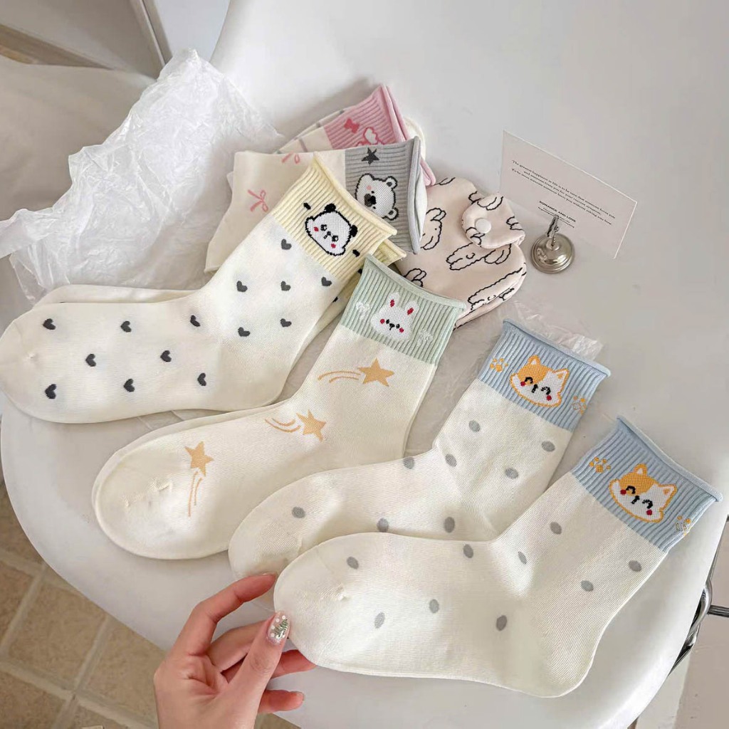 Tất vớ nữ cổ cao nhún họa tiết thú dễ thương màu sắc, chất liệu mềm mịn co giãn 4 chiều - Ekiu Perseper