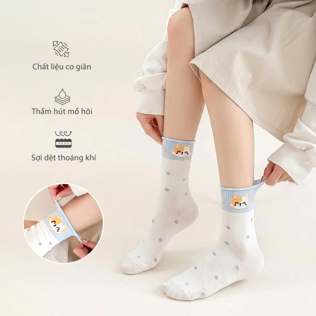 Tất vớ nữ cổ cao nhún họa tiết thú dễ thương màu sắc, chất liệu mềm mịn co giãn 4 chiều - Ekiu Perseper