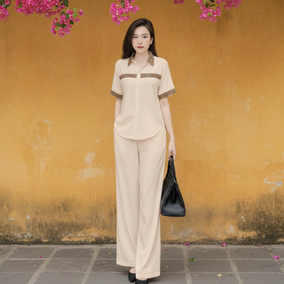 Bộ Sơ Mi Thổ Cẩm [45-85kg], Set bộ áo sơ mi tay ngắn phối hoạ tiết thổ cẩm, quần ống suông chất liệu đũi xước nhật