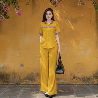 Bộ Sơ Mi Thổ Cẩm [45-85kg], Set bộ áo sơ mi tay ngắn phối hoạ tiết thổ cẩm, quần ống suông chất liệu đũi xước nhật