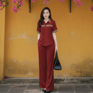 Bộ Sơ Mi Thổ Cẩm [45-85kg], Set bộ áo sơ mi tay ngắn phối hoạ tiết thổ cẩm, quần ống suông chất liệu đũi xước nhật