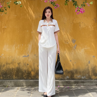 Bộ Sơ Mi Thổ Cẩm [45-85kg], Set bộ áo sơ mi tay ngắn phối hoạ tiết thổ cẩm, quần ống suông chất liệu đũi xước nhật