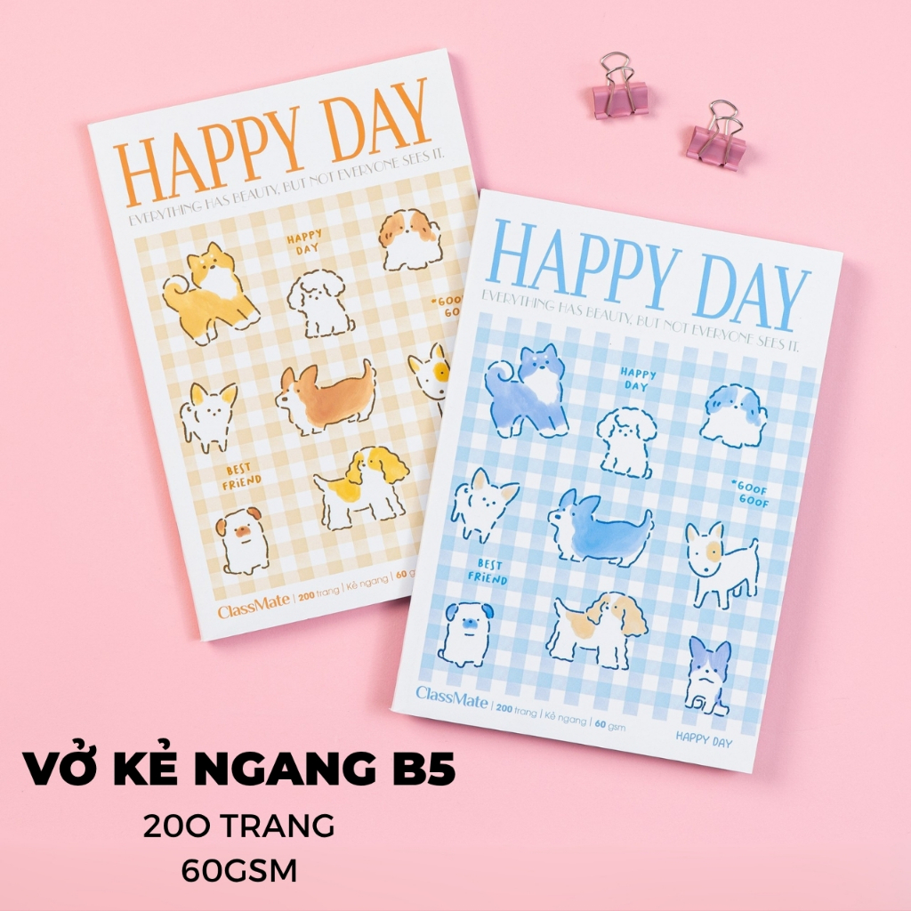 [BST 2026] Combo 5/10 Vở Kẻ Ngang Happy Day ClassMate Vở Viết B5 Giấy Mịn Ăn Mực, Bìa Chống Nước 72/120/200 Trang 60gsm