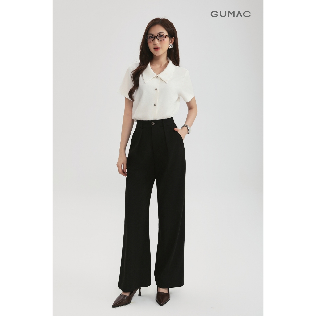 Quần Tây Ống Suông Nữ GUMAC Kiểu Xếp Li Lưng Rời Có Túi Xéo Chất Chéo Nhật Thoải Mái QG03011