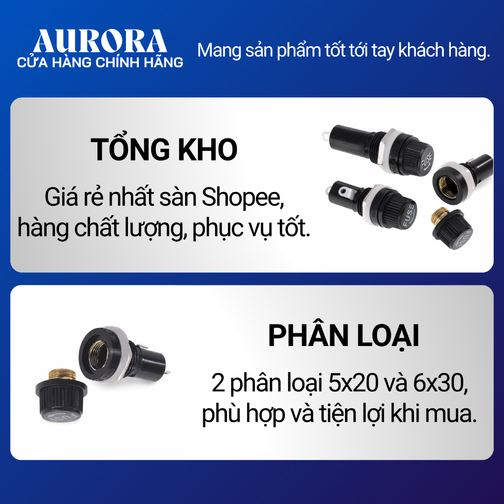 [5 chiếc] Đế vỏ cầu chì ống thuỷ tinh 5x20mm, 6x30mm 10A/250V