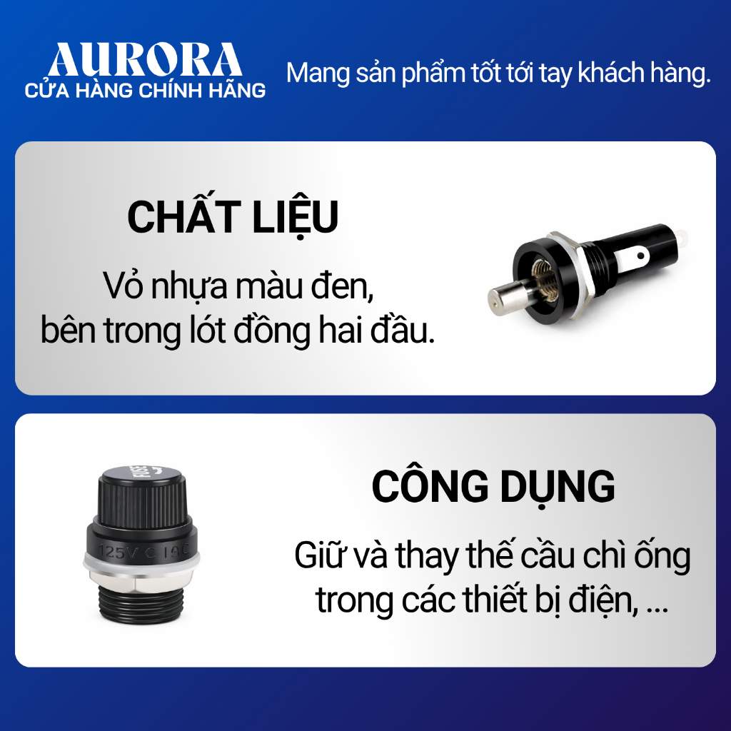 [5 chiếc] Đế vỏ cầu chì ống thuỷ tinh 5x20mm, 6x30mm 10A/250V