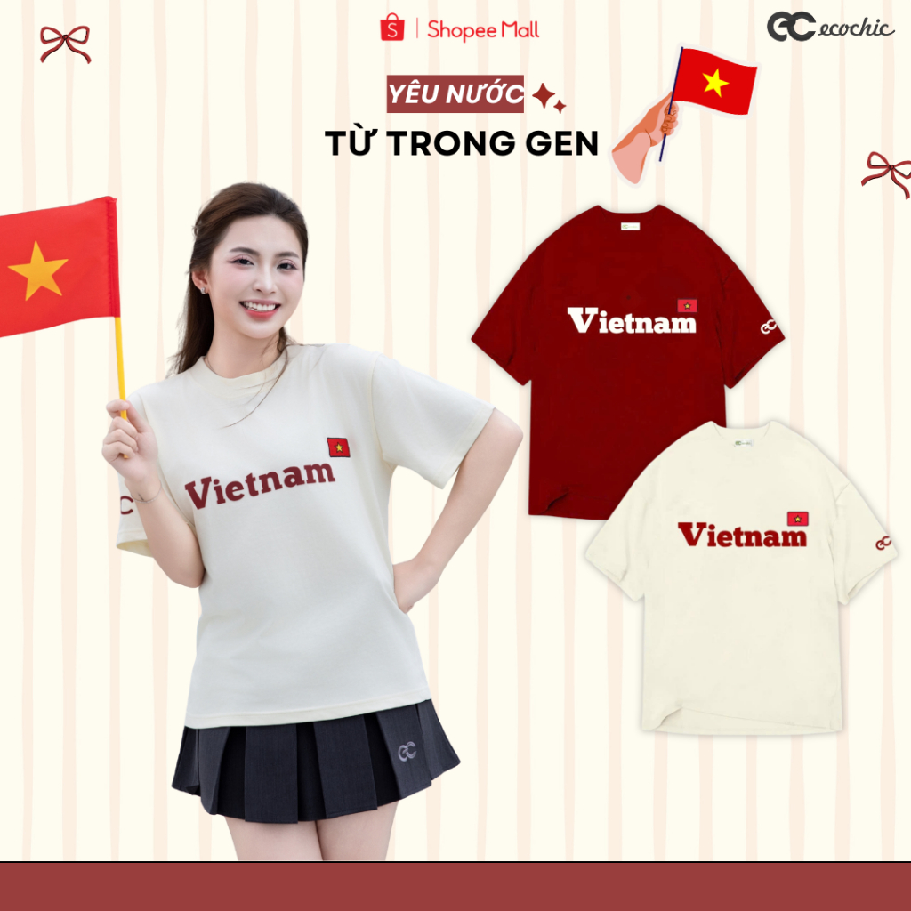 [PHIÊN BẢN 2026] Áo Thun ECOCHIC Tri Ân In Chữ Việt Nam Hình In Cờ Đỏ Sao Vàng Yêu Nước Hàng Chính Hãng Unisex B165