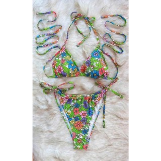 Bikini 2 mảnh đi biển,bộ đồ bơi hạo tiết hoa nhí xanh lá sẵn đệm ngực hàng VNXK