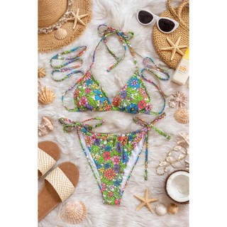Bikini 2 mảnh đi biển,bộ đồ bơi hạo tiết hoa nhí xanh lá sẵn đệm ngực hàng VNXK