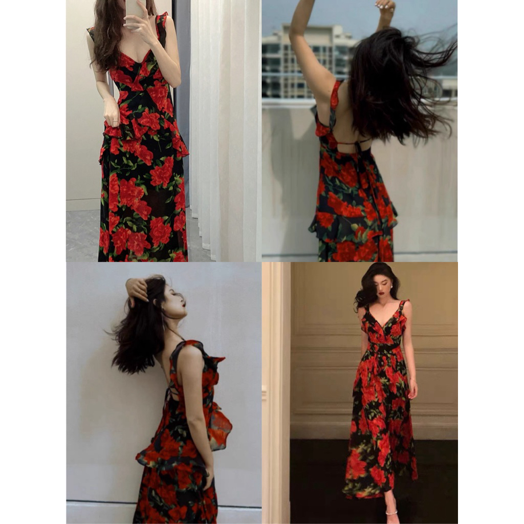 Lulus | Đầm maxi hoa đỏ hở lưng quyến rũ giữa phố đêm 🌹
