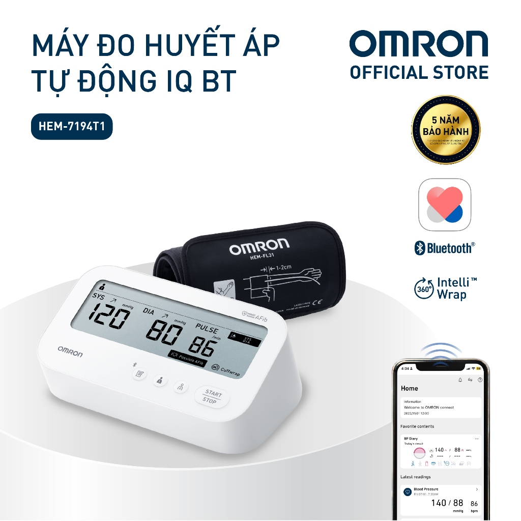 Máy Đo Huyết Áp Bluetooth Phát Hiện Rung Nhĩ OMRON IQ BT HEM-7194T1