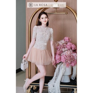 Đầm Ren Hoa Nổi Tiểu Thư La Rosa Đầm Ngắn Tay Phối Nơ Xinh Xắn Chân Váy Bồng Xòe Hack Dáng V1459