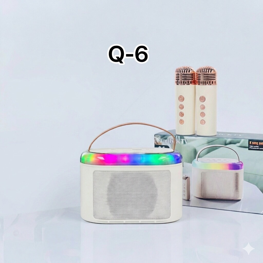 Loa Bluetooth karaoke kèm 2 mic không dây Q6, loa bluetooth trong suốt có LED phiên bản 2024