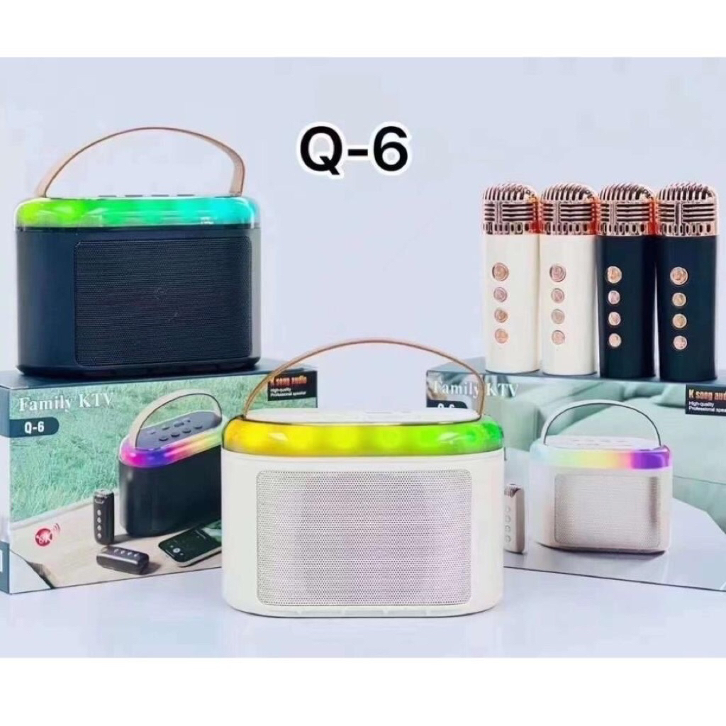 Loa Bluetooth karaoke kèm 2 mic không dây Q6, loa bluetooth trong suốt có LED phiên bản 2024