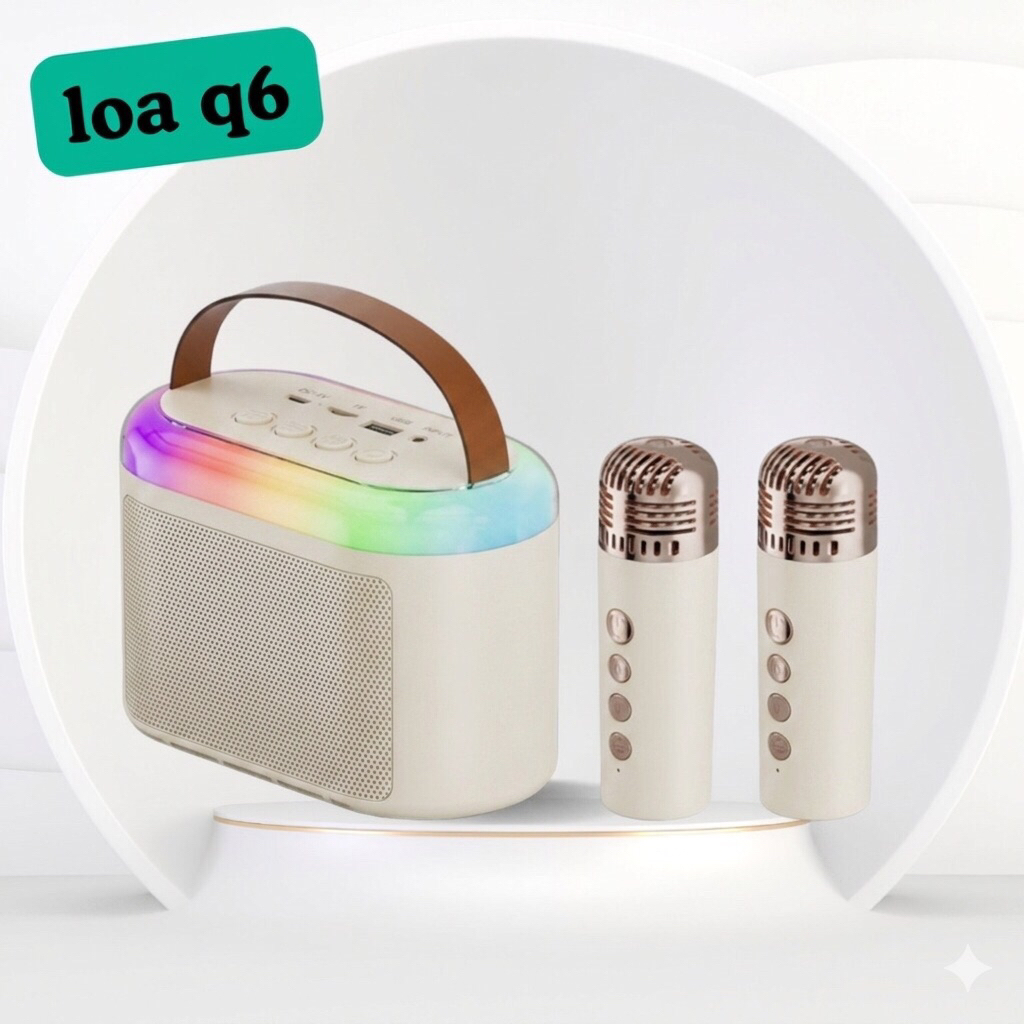 Loa Bluetooth karaoke kèm 2 mic không dây Q6, loa bluetooth trong suốt có LED phiên bản 2024