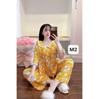 Bộ mặc nhà tay lỡ loe phối cổ sen tole lanh thấm hút mồ hôi dành cho nữ từ 50kg-70kg