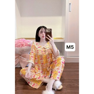Bộ mặc nhà tay lỡ loe phối cổ sen tole lanh thấm hút mồ hôi dành cho nữ từ 50kg-70kg