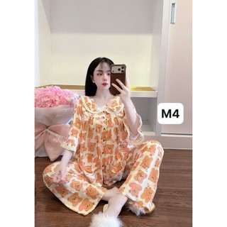 Bộ mặc nhà tay lỡ loe phối cổ sen tole lanh thấm hút mồ hôi dành cho nữ từ 50kg-70kg