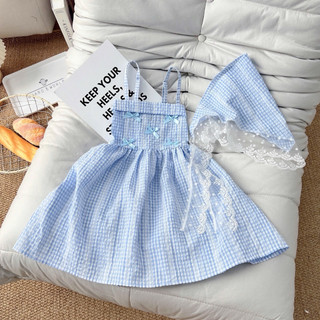 Xả lẻ size Váy maxi 2 dây kẻ xanh đính nơ ngực phong cách Hàn Quốc tặng khăn ren cho bé gái 9-28kg