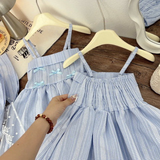 Xả lẻ size Váy maxi 2 dây kẻ xanh đính nơ ngực phong cách Hàn Quốc tặng khăn ren cho bé gái 9-28kg