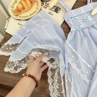 Xả lẻ size Váy maxi 2 dây kẻ xanh đính nơ ngực phong cách Hàn Quốc tặng khăn ren cho bé gái 9-28kg