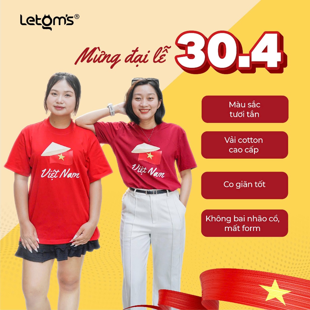 Áo Thun Cờ đỏ sao vàng – nón lá Việt Nam 30/4 Cotton 100% Co Giãn 4 Chiều Nam Nữ - Letom's