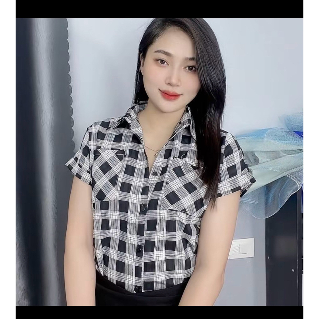 Áo SƠ MI KARO NHỎ kiểu tay hến . from áo rộng chất vải cotton lạnh