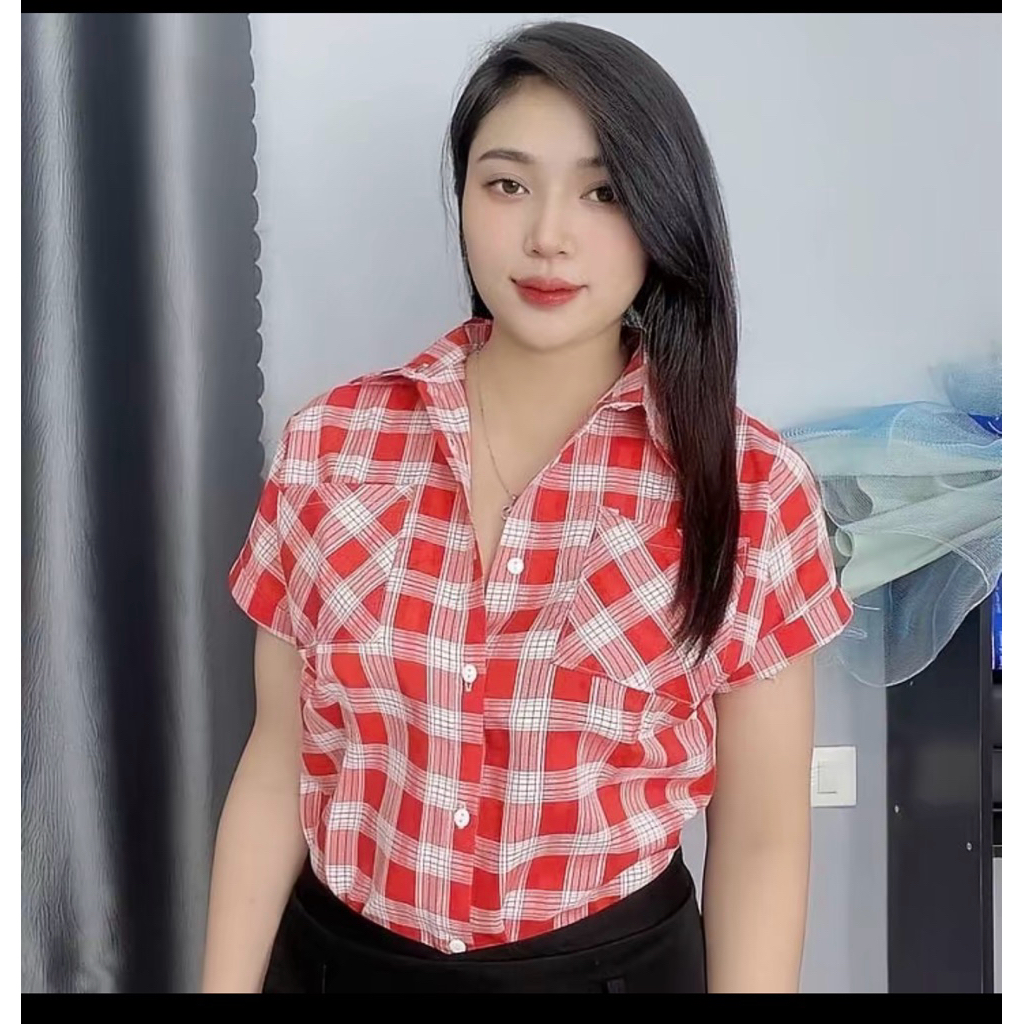 Áo SƠ MI KARO NHỎ kiểu tay hến . from áo rộng chất vải cotton lạnh