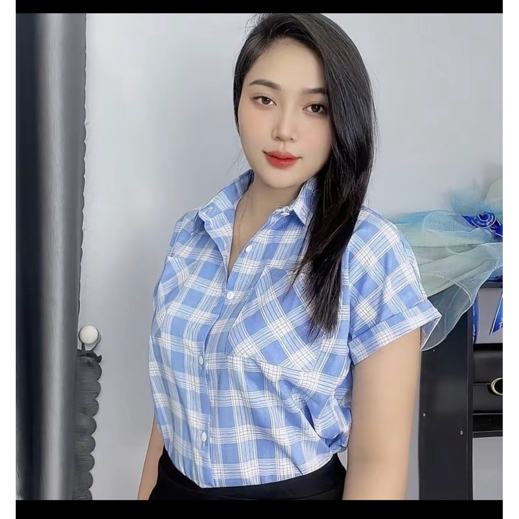 Áo SƠ MI KARO NHỎ kiểu tay hến . from áo rộng chất vải cotton lạnh