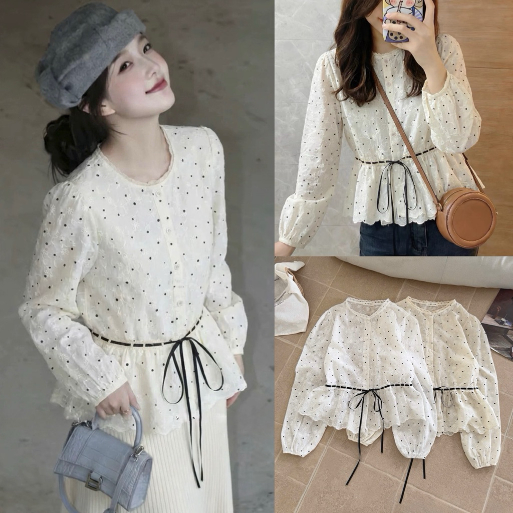 [BST HÈ 2026 - CHIOCO] Áo sơ mi thô mềm thêu hoa phối chấm bi rút dây eo thắt nơ Ulzzang - A5470 (Hàng Loại 1)