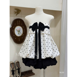Set bí bồng áo quây chấm bi dây nơ to ngực chân váy bồng nâu be
