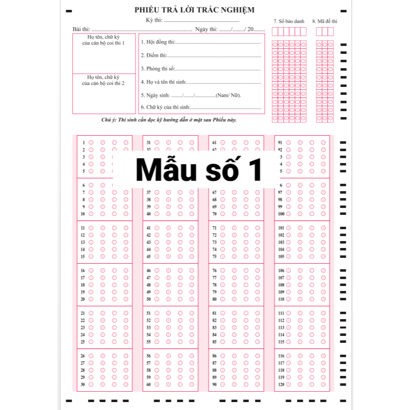 100 (50) Tờ phiếu tô trắc nghiệm. Mẫu 120 câu  BỘ GIÁO DỤC . In màu A4