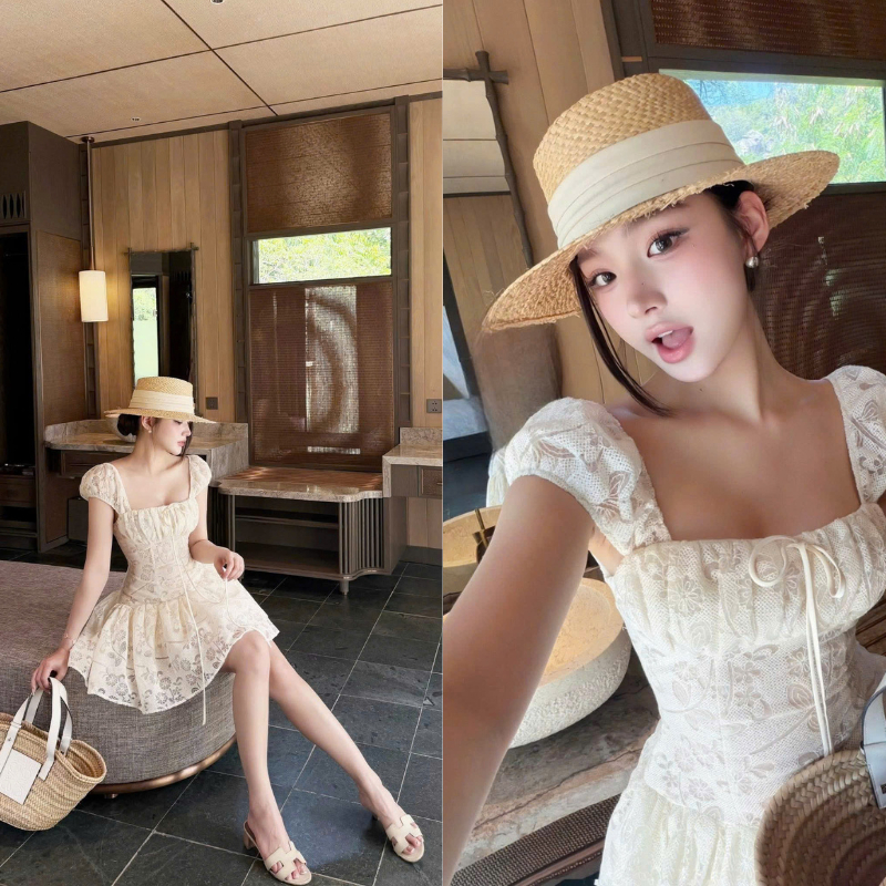 NH CLOTHER -Váy trắng ren hoa nổi thiết kế cúp ngực phối nơ tiểu thư sang chảnh