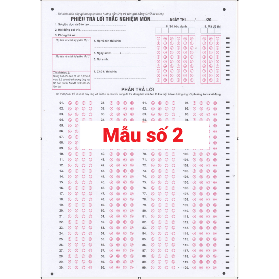 100 (50) Tờ phiếu tô trắc nghiệm. Mẫu 120 câu  BỘ GIÁO DỤC . In màu A4