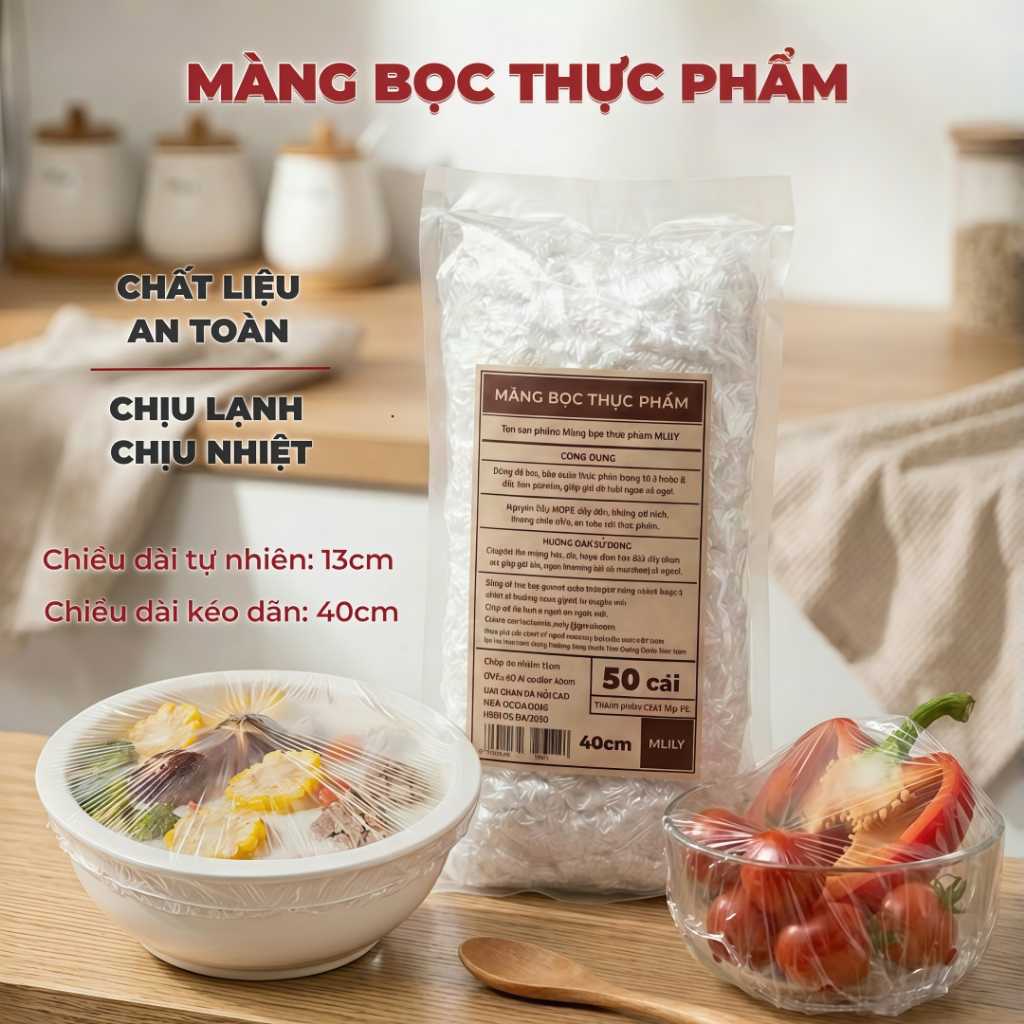MLILY Màng Bọc Thực Phẩm 50 cái/bịch Có Chun PE Co Giãn Siêu Dai - Túi Bọc Đồ Ăn Tiện Lợi, An Toàn