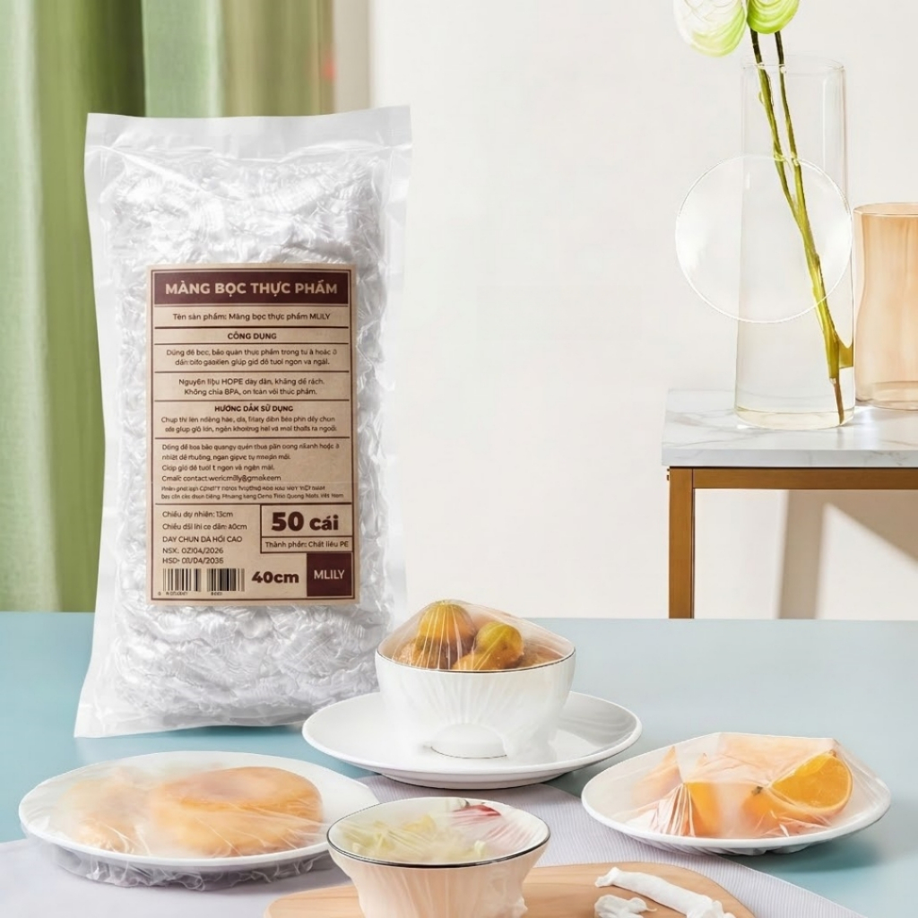 MLILY Màng Bọc Thực Phẩm 50 cái/bịch Có Chun PE Co Giãn Siêu Dai - Túi Bọc Đồ Ăn Tiện Lợi, An Toàn