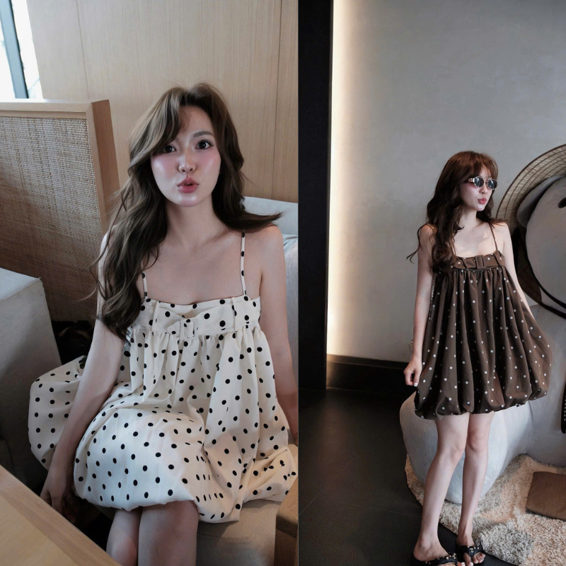 NH CLOTHER -Váy babydoll nâu chấm bi phối nơ ngực to bản trẻ trung năng động