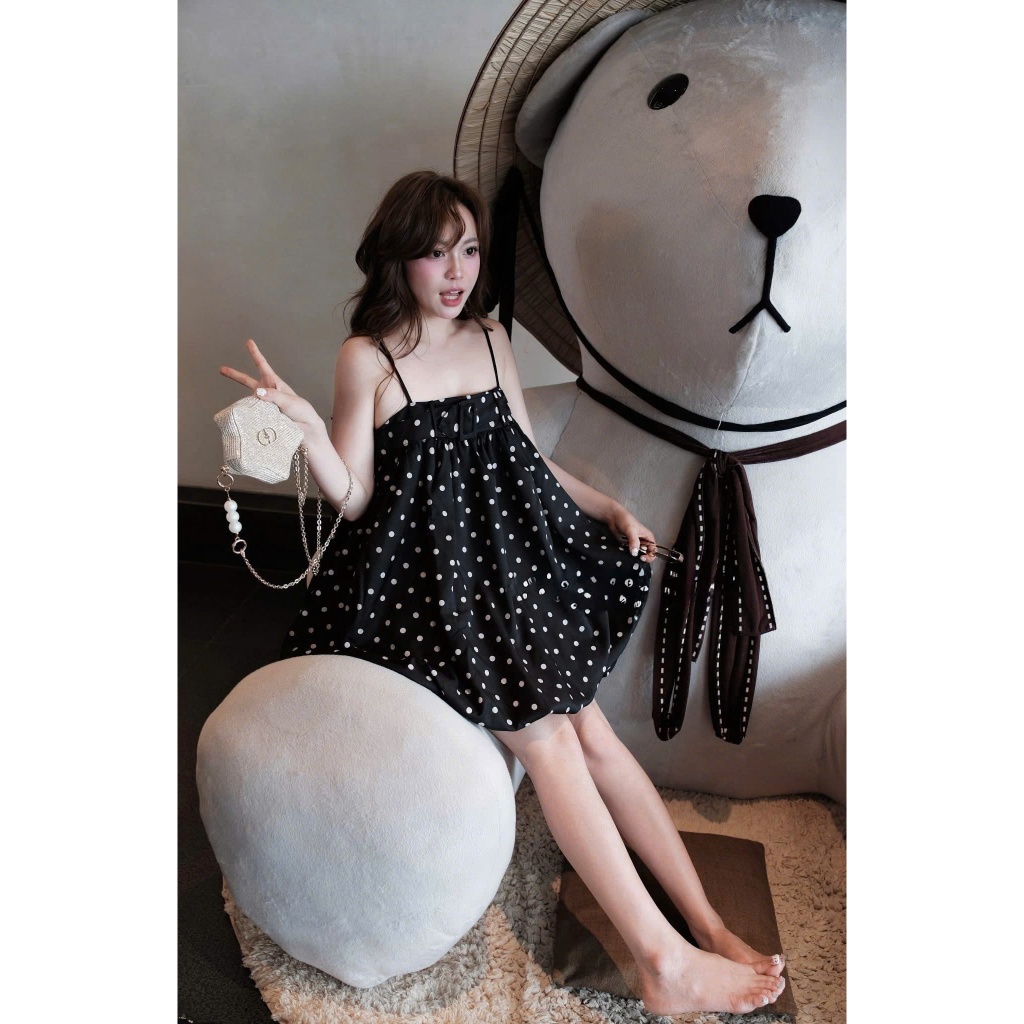 NH CLOTHER -Váy babydoll nâu chấm bi phối nơ ngực to bản trẻ trung năng động