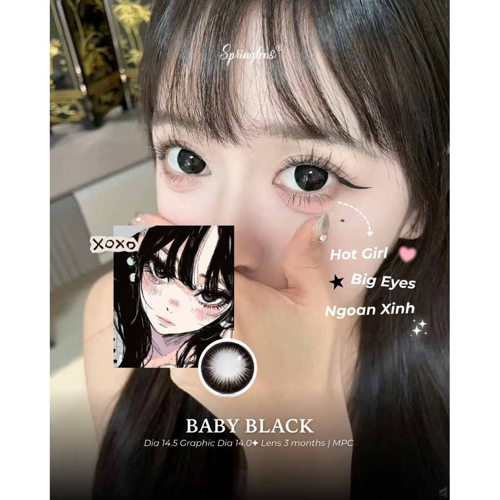 Kính áp tròng MPC đen tuyền giãn tròng to BABY NAY BLACK búp bê hot girl 1-3 tháng 0-7 độ | Spring Lens