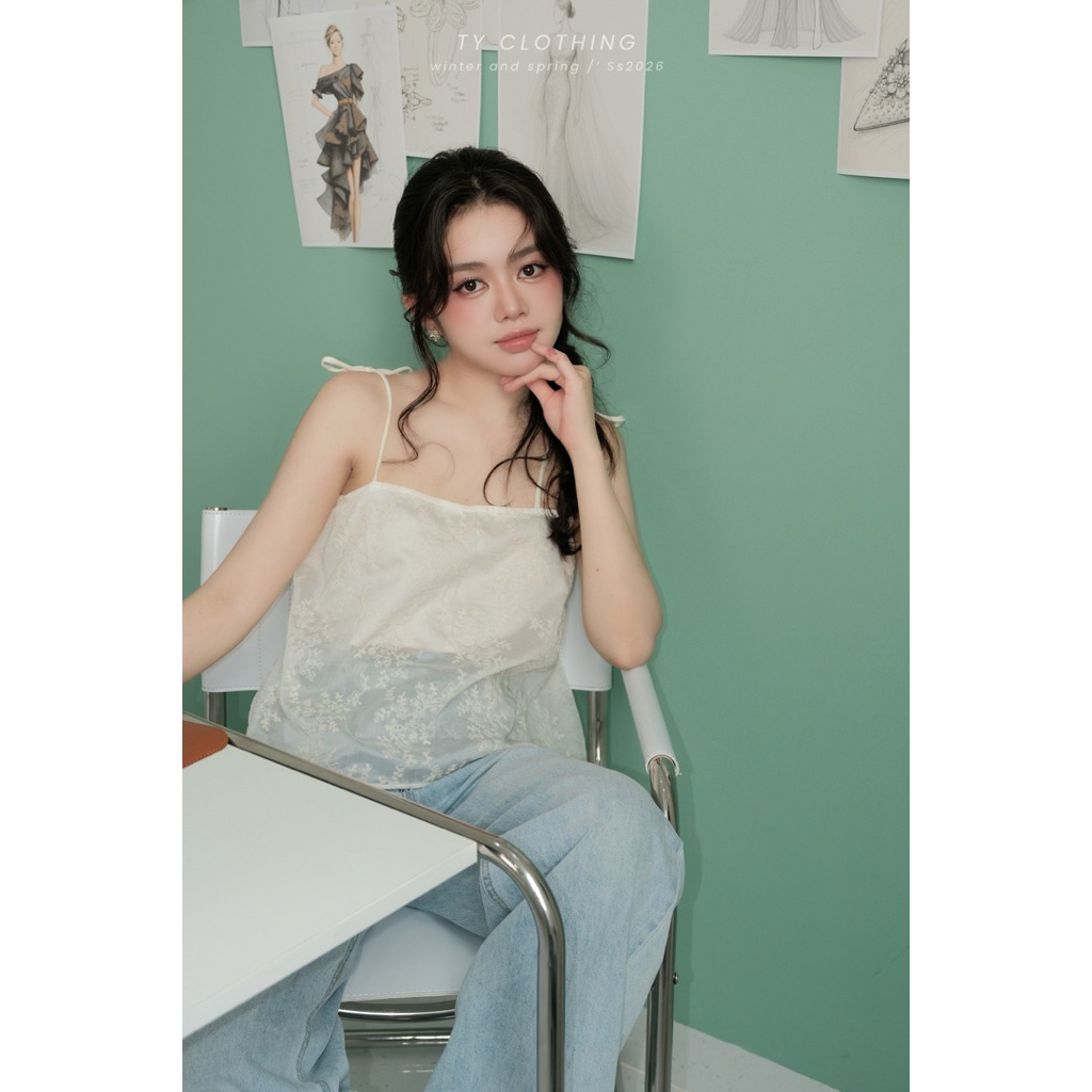 [ TY CLOTHING ] Áo nữ kiểu 2 dây cột, vải hoạ tiết kèm lớp lót lụa, Màu Be, Màu Xanh - Hàng Thiết Kế - TY CLOTHING