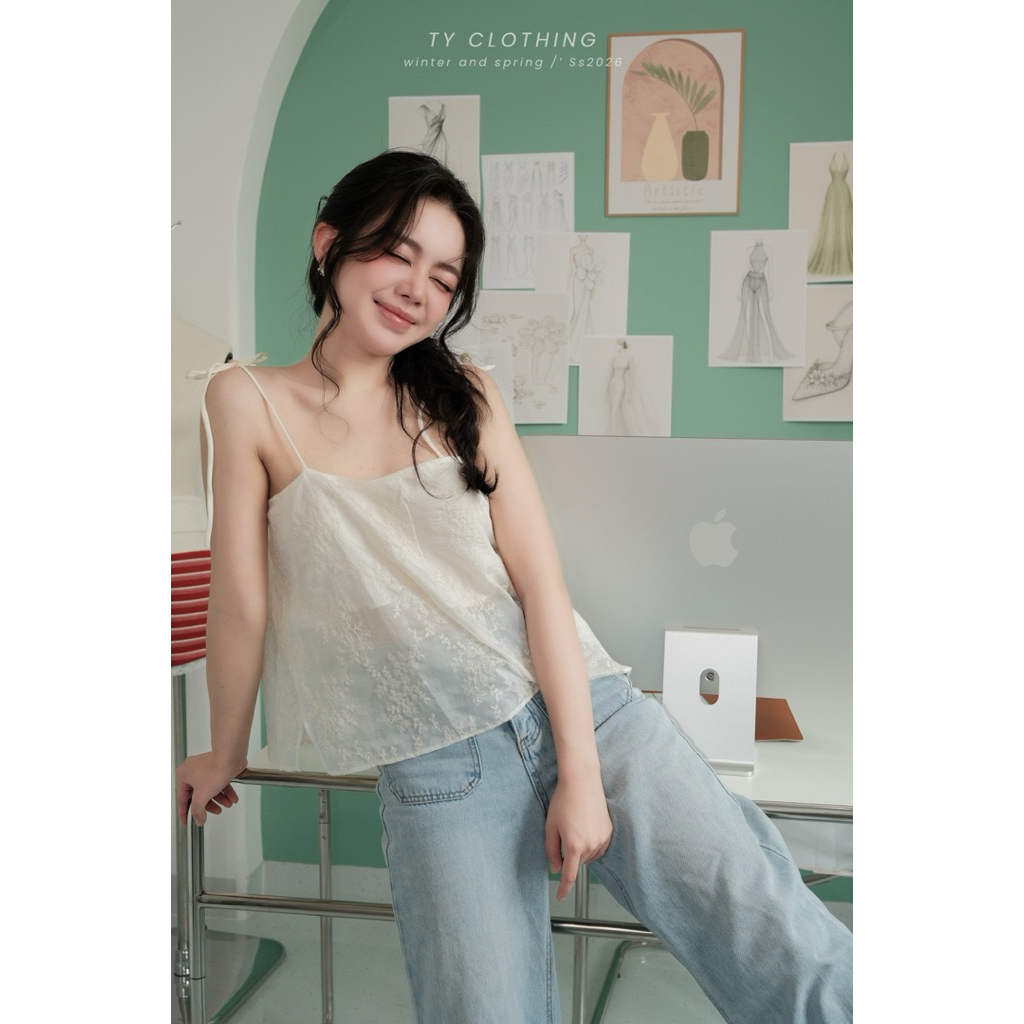 [ TY CLOTHING ] Áo nữ kiểu 2 dây cột, vải hoạ tiết kèm lớp lót lụa, Màu Be, Màu Xanh - Hàng Thiết Kế - TY CLOTHING