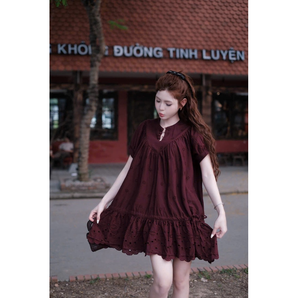 [Sẵn M đỏ]Váy thô babydoll họa tiết hoa V149 SM đỏ, kem