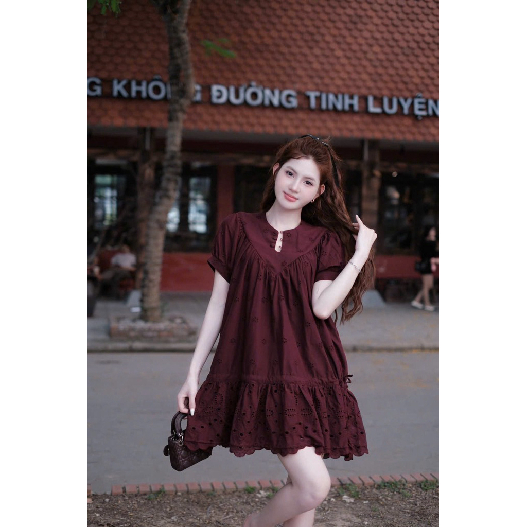 [Sẵn M đỏ]Váy thô babydoll họa tiết hoa V149 SM đỏ, kem