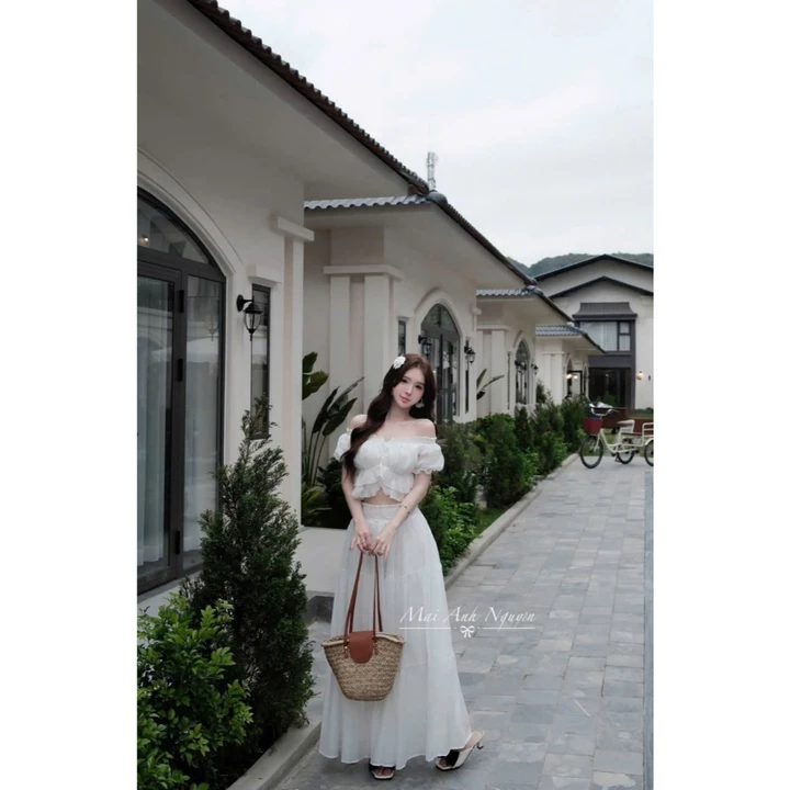 Set váy đi biển mùa hè, set áo trễ vai croptop phối chân váy xoè dài bồng bềnh cho nữ (HA111)- Haicogai Clothing