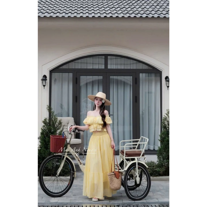 Set váy đi biển mùa hè, set áo trễ vai croptop phối chân váy xoè dài bồng bềnh cho nữ (HA111)- Haicogai Clothing