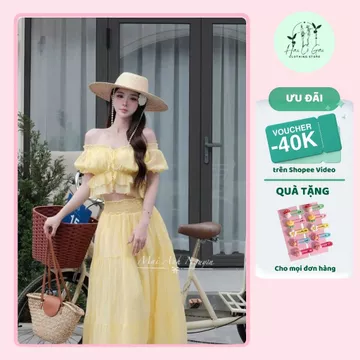 Set váy đi biển mùa hè, set áo trễ vai croptop phối chân váy xoè dài bồng bềnh cho nữ (HA111)- Haicogai Clothing