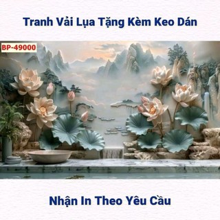 Tranh 3D hoa sen dán tường, tranh hoa sen decor phòng thờ, phòng khách tranh in trên chất liệu vải lụa(tặng kèm keo dán)