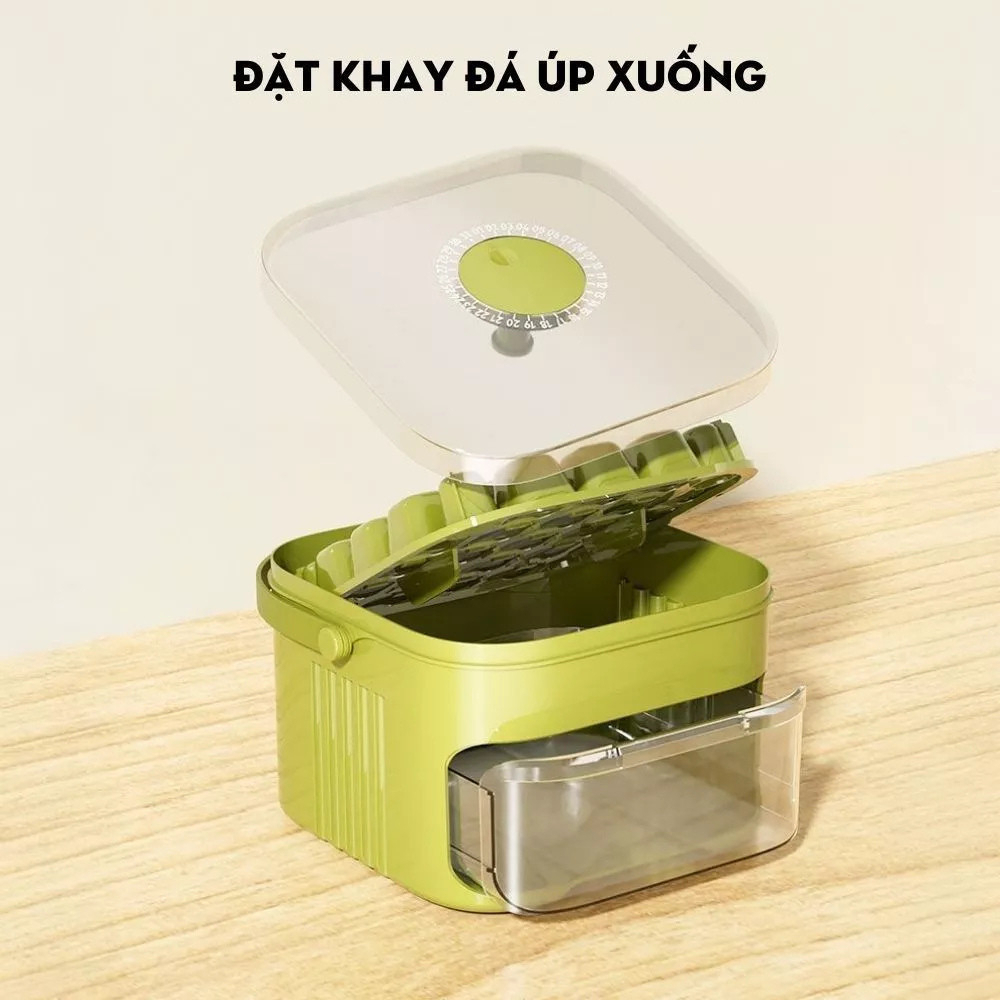 Hộp Làm Đá Viên Thông Minh Nắp Nhấn Tự Động, Khay Làm Đá Nắp Đậy Kín Có Tay Cầm Tiện Dụng