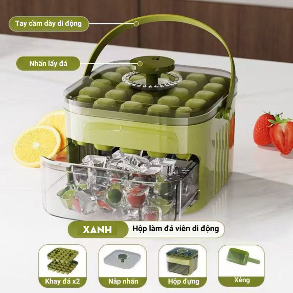 Hộp Làm Đá Viên Thông Minh Nắp Nhấn Tự Động, Khay Làm Đá Nắp Đậy Kín Có Tay Cầm Tiện Dụng